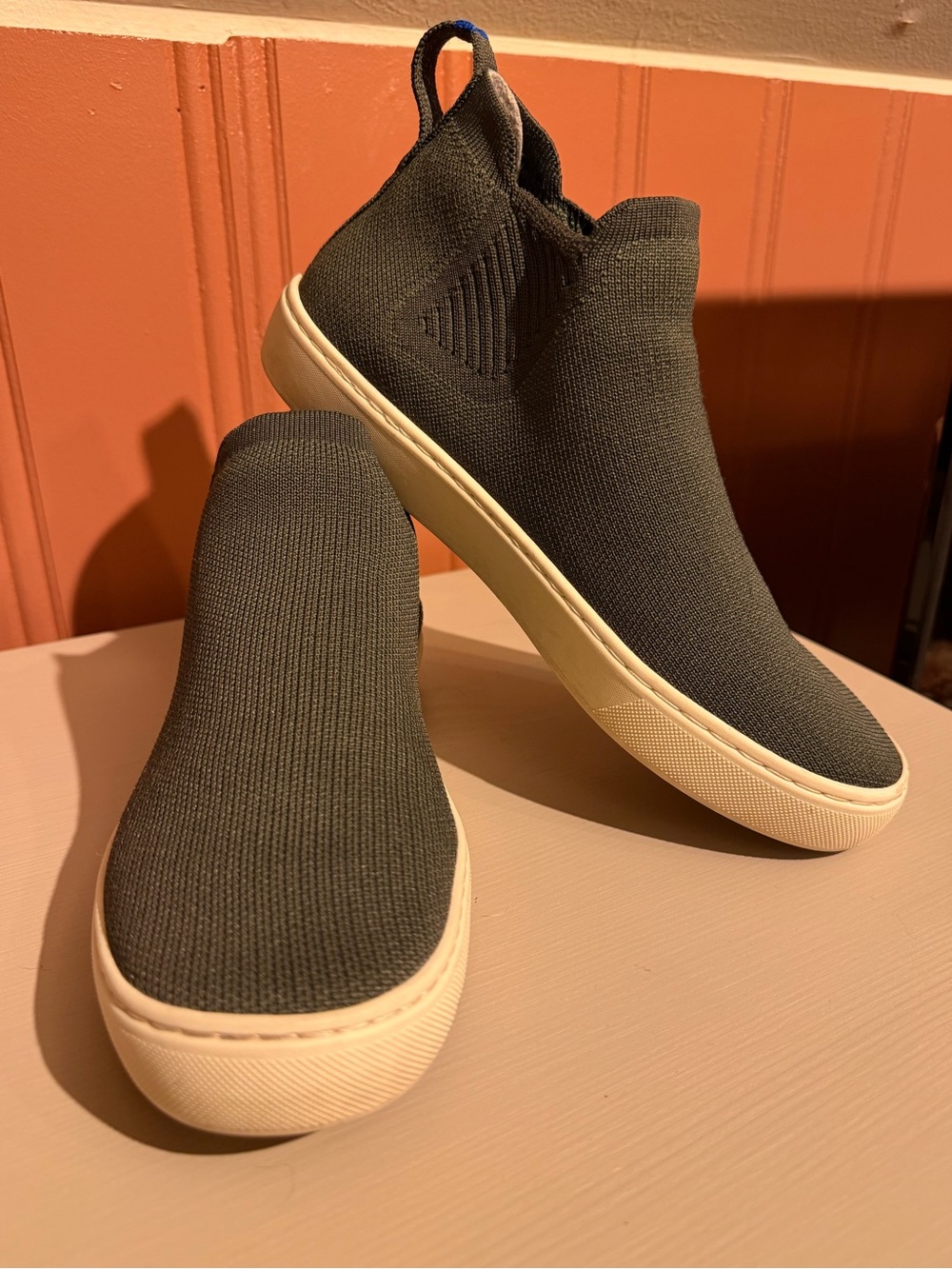 Rothy's Olive Knit Slip-On Ankle Booties with Cream Sole